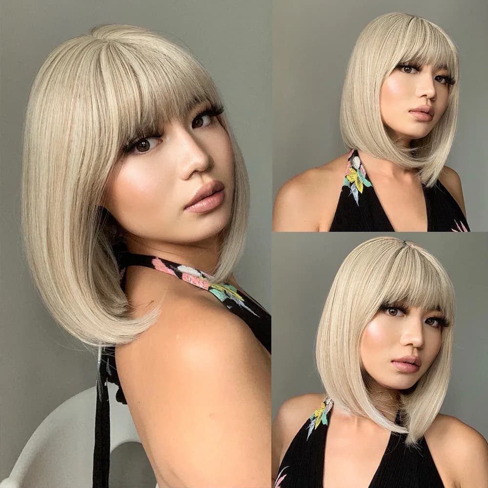 perruque blonde lisse avec frange