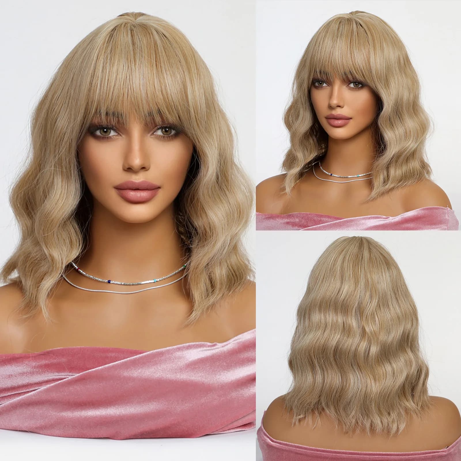 perruque blonde ondulée avec frange